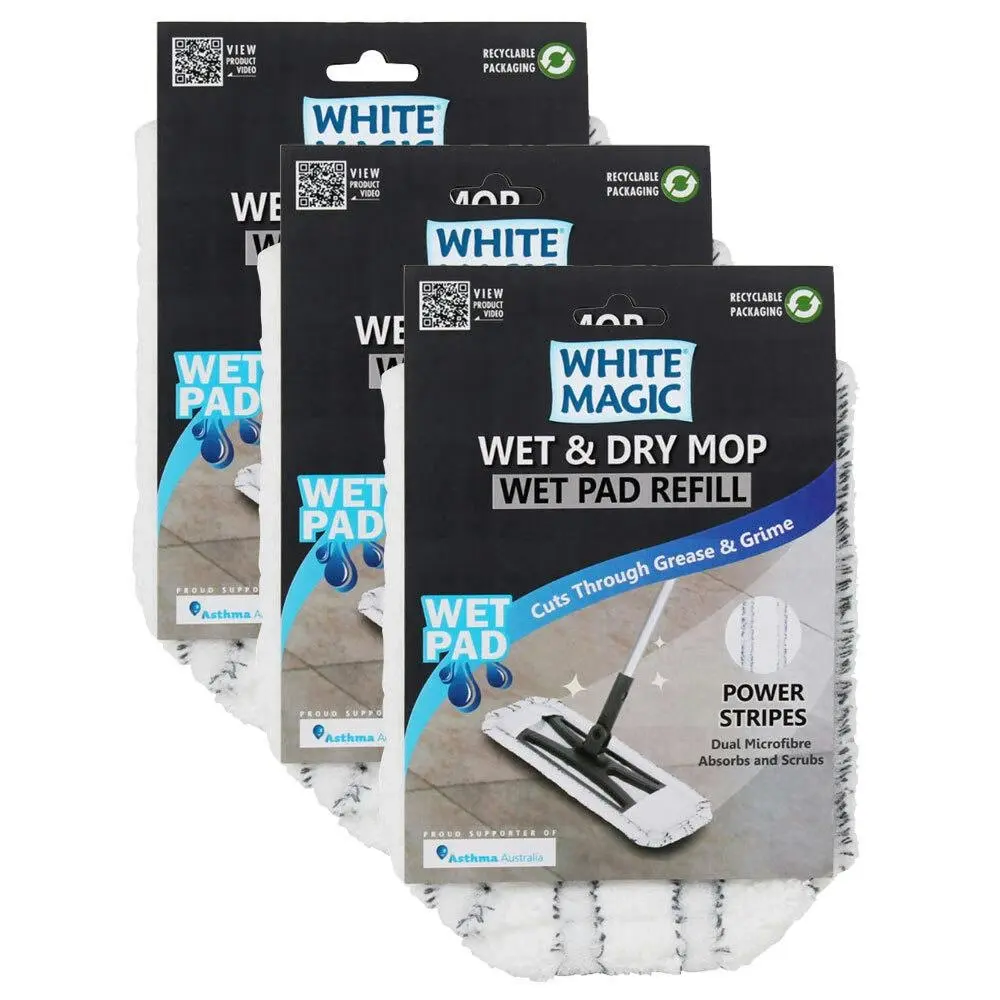 3x White Magic 40cm Microfibre Pad Refill Replacement For Wet & Dry Mop Dry WHT - Home & Garden