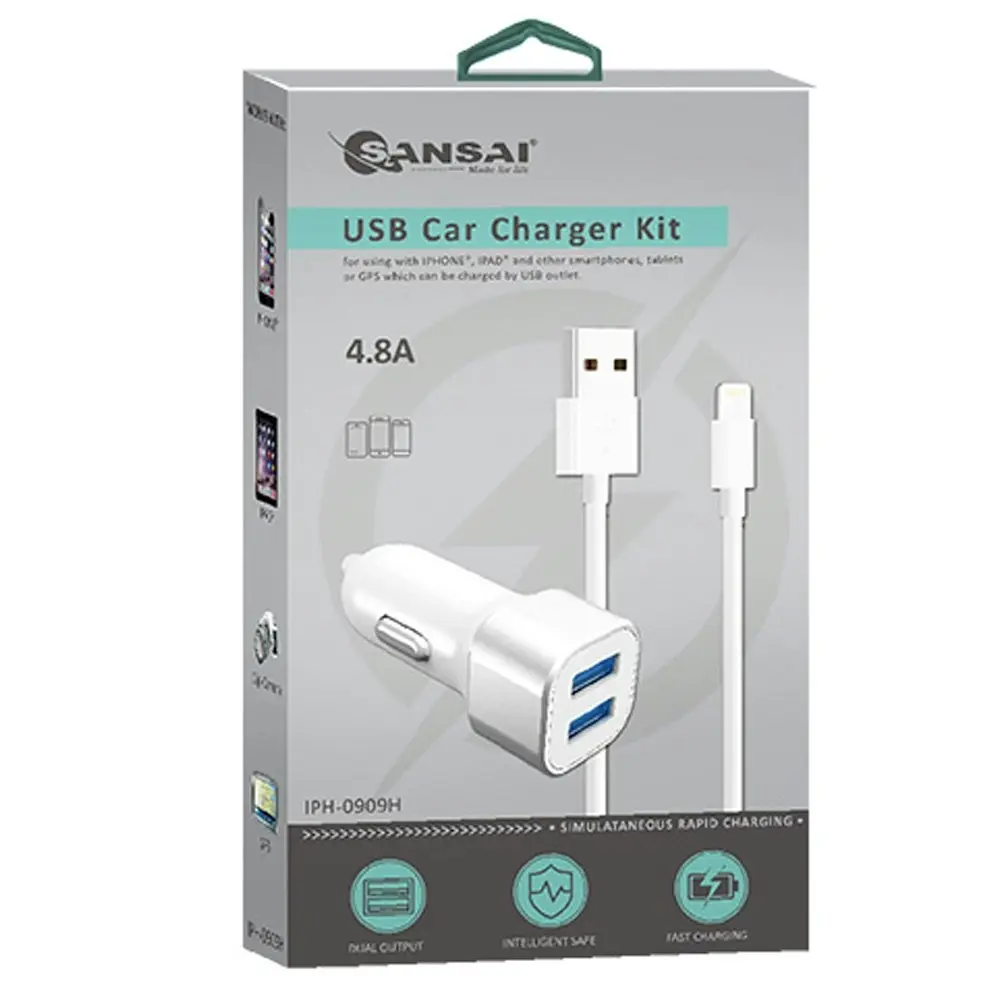 2 USB Port Car/Vehicle Charger w/8 Pin Cable for Smartphone/iPhone/iPad/iPod - Electronics