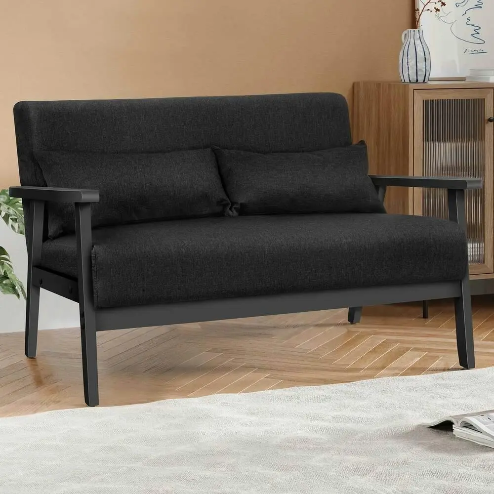 Alfordson Wooden Armchair 2 Seater Sofa Fabric Lounge Chair Accent Couch Seat Black - Furniture
