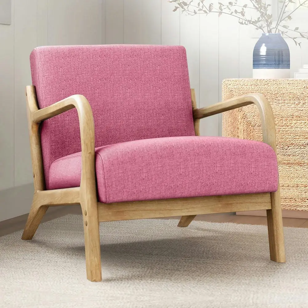 Alfordson Wooden Armchair Lounge Chair Fabric Seat Pink - Furniture
