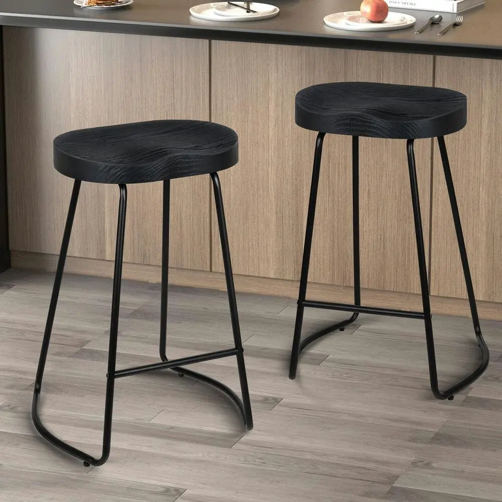 Alfordson 2x Bar Stools 65cm Tractor Kitchen Wooden Vintage Chair Black - Furniture