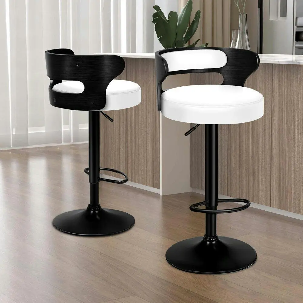 Alfordson 2x Bar Stool Kitchen Swivel Chair Wooden Leather Gas Lift Reno White - Furniture