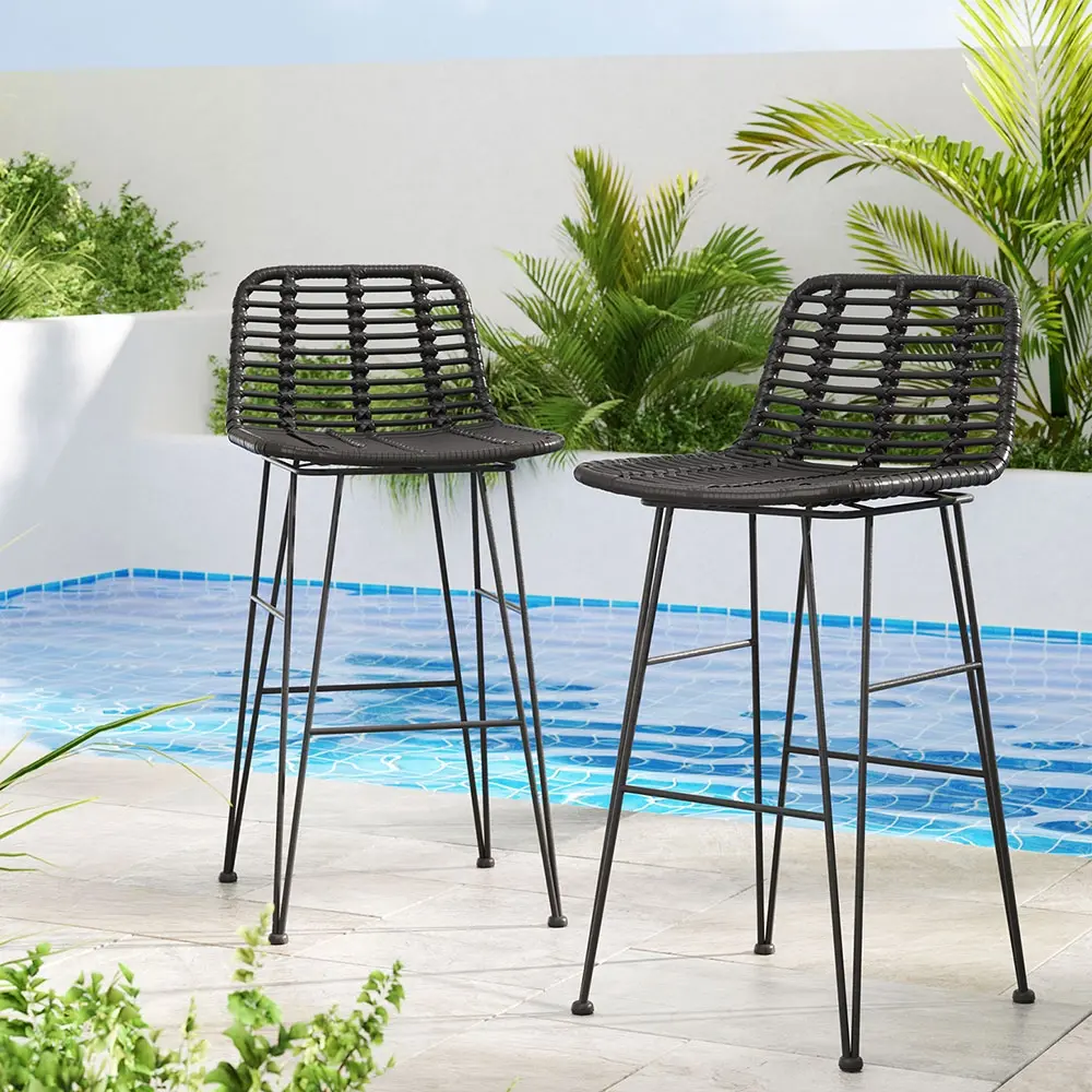 Gardeon 2 Piece Outdoor Bar Stools Wicker Dining Rattan Chair Black - Furniture