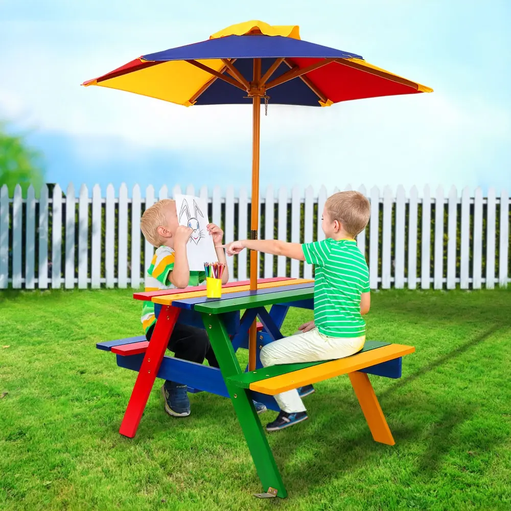 Keezi Kids Outdoor Table and Chairs Picnic Bench Set Umbrella Colourful - Up to 65% off Outdoor Furniture
