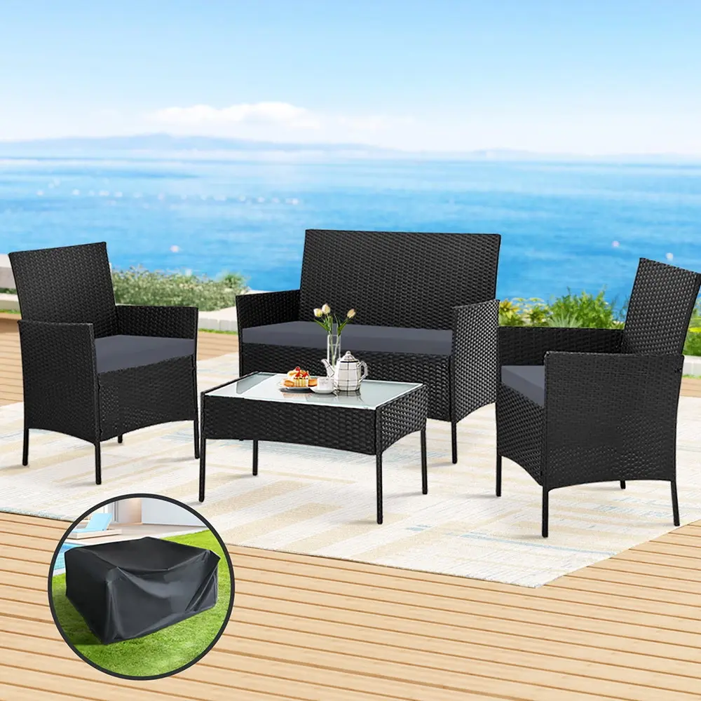 Gardeon 4 Seater Outdoor Sofa Set with Storage Cover Wicker Table Chair Black - Furniture