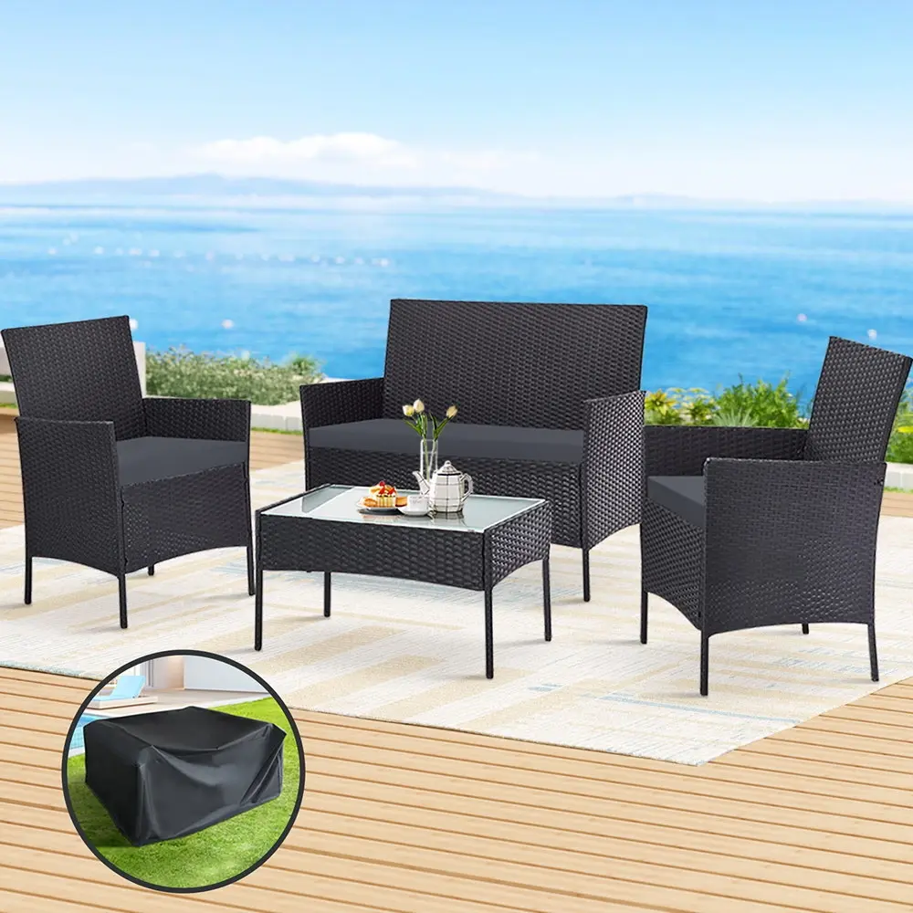 Gardeon 4 Seater Outdoor Sofa Set with Storage Cover Wicker Table Chair DarkGrey - Furniture