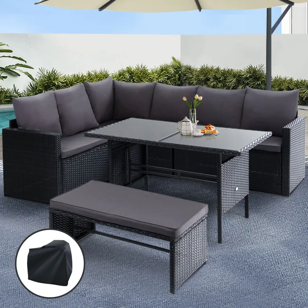 Gardeon Outdoor Dining Set Sofa Lounge Setting Chairs Table Bench Black Cover - Furniture