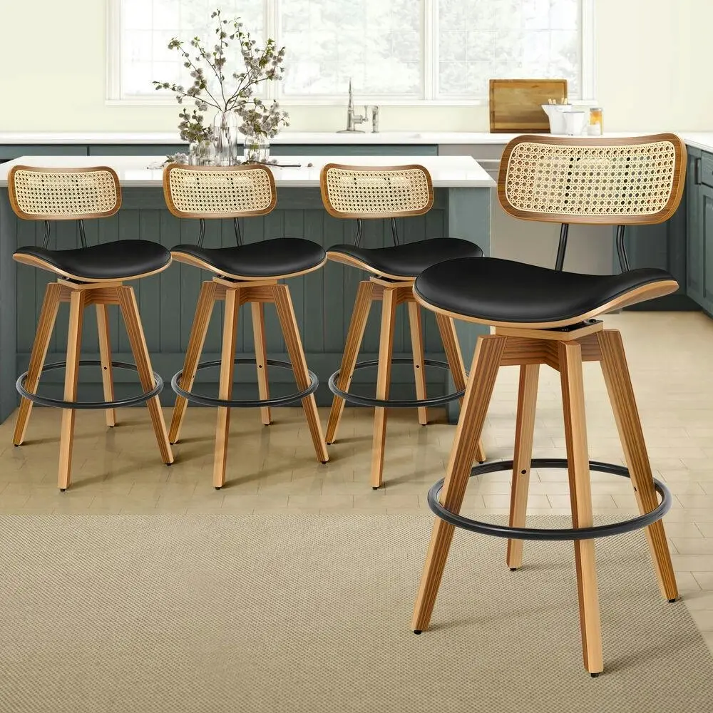 Alfordson 4x Bar Stools Kitchen Vintage Leather Seat Rattan Chair Black - Furniture