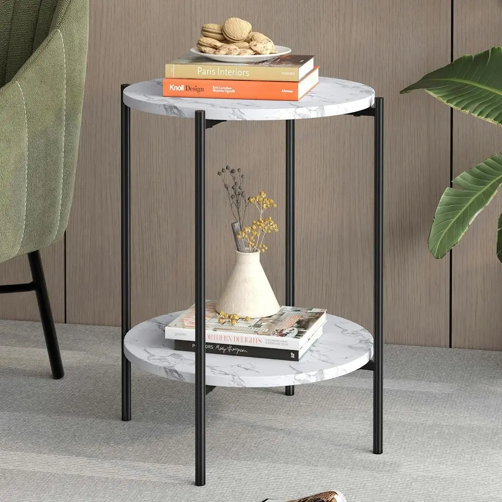 Alfordson Side Table Sofa End Bedside Nightstand Round Marble Shelf Black - Furniture