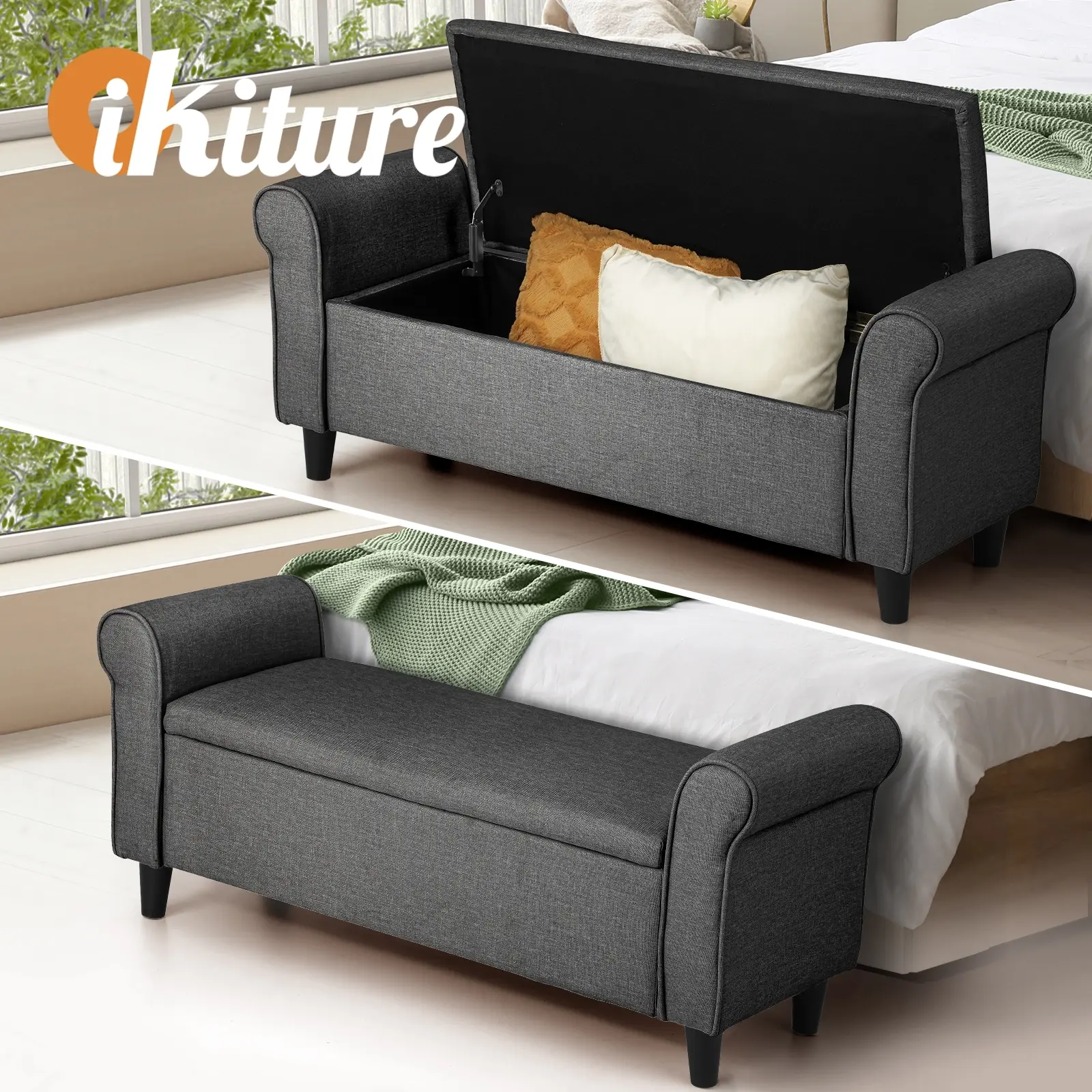 Oikiture Storage Ottoman Blanket Box Linen Fabric Arm Foot Stool Couch Large Grey - Furniture