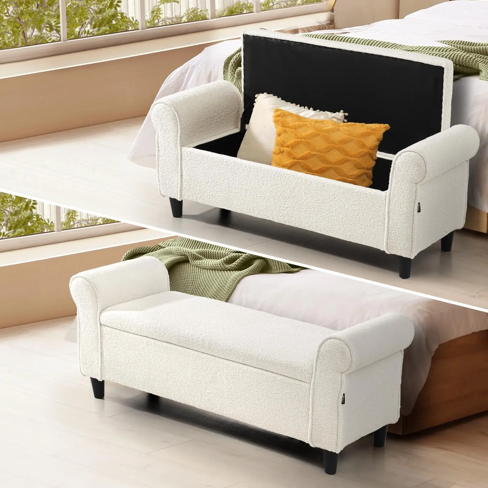 Oikiture Storage Ottoman Blanket Box Sherpa Fabric Arm Foot Stool Couch Large - Furniture