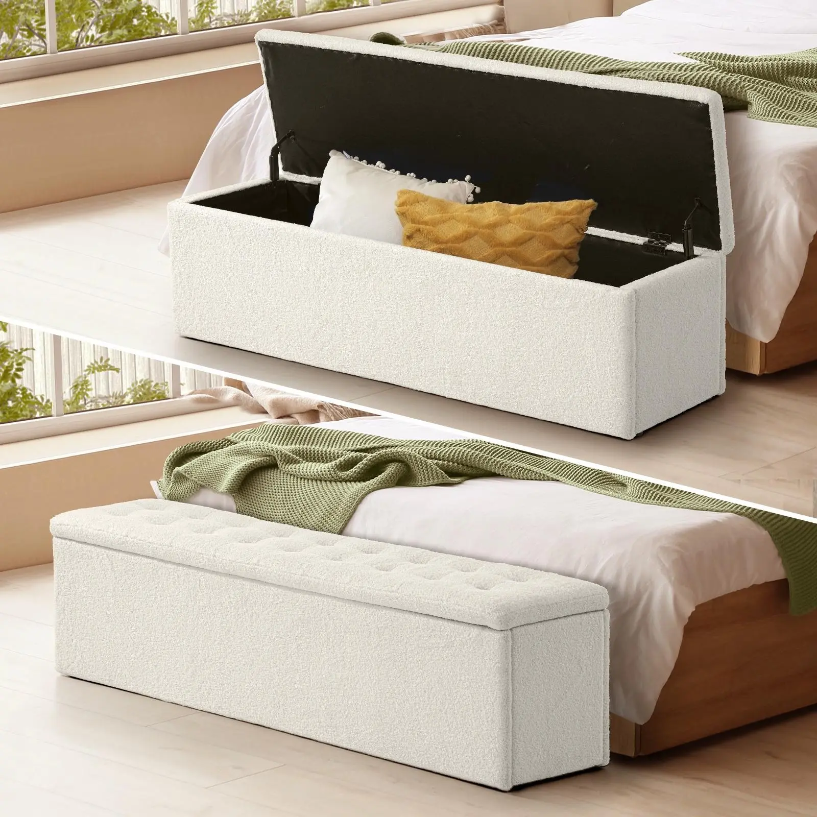 Oikiture Storage Ottoman Blanket Box Foot Stool XL Chest Toy Sherpa Linen White - Over 40% off Living Room Furniture