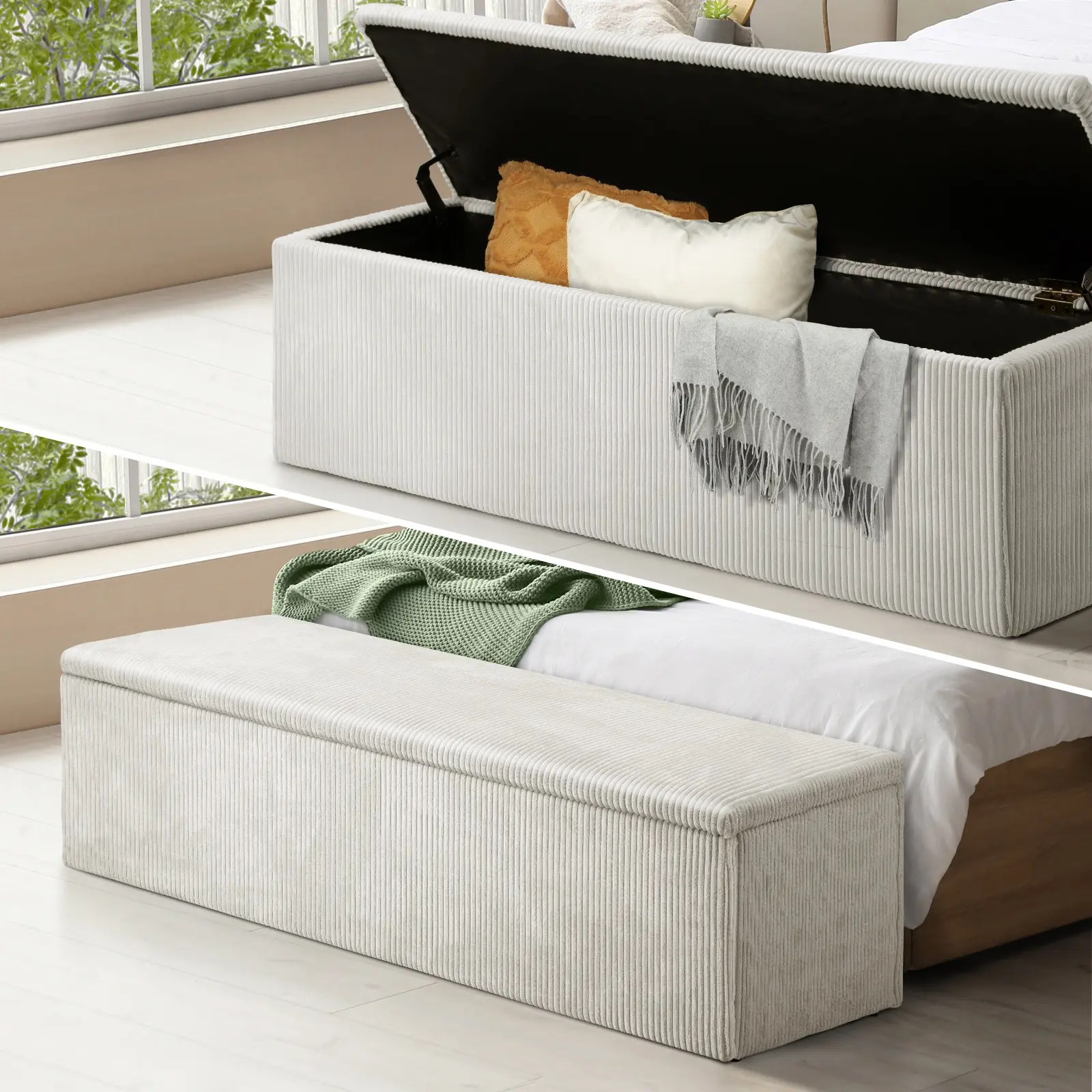Oikiture Storage Ottoman Blanket Box Foot Stool XL Chest Toy Polyester Beige - Furniture