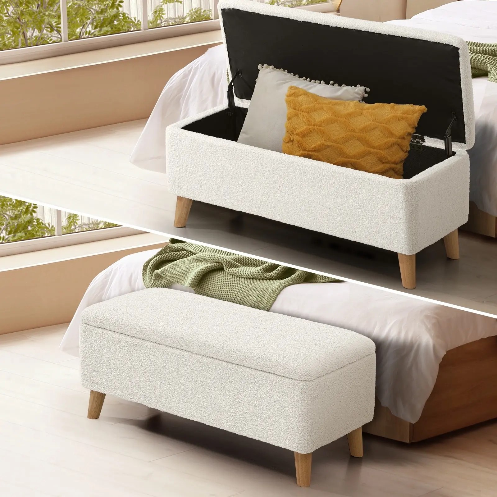 Oikiture Storage Ottoman Blanket Box Chest Toy Foot Stool LARGE Sherpa White - Furniture