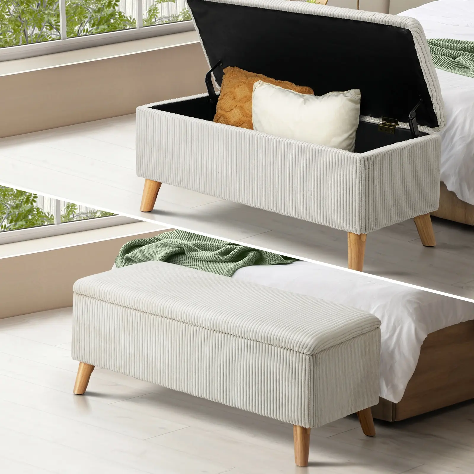 Oikiture Storage Ottoman Blanket Box Chest Toy Foot Stool LARGE Polyester Beige - Furniture