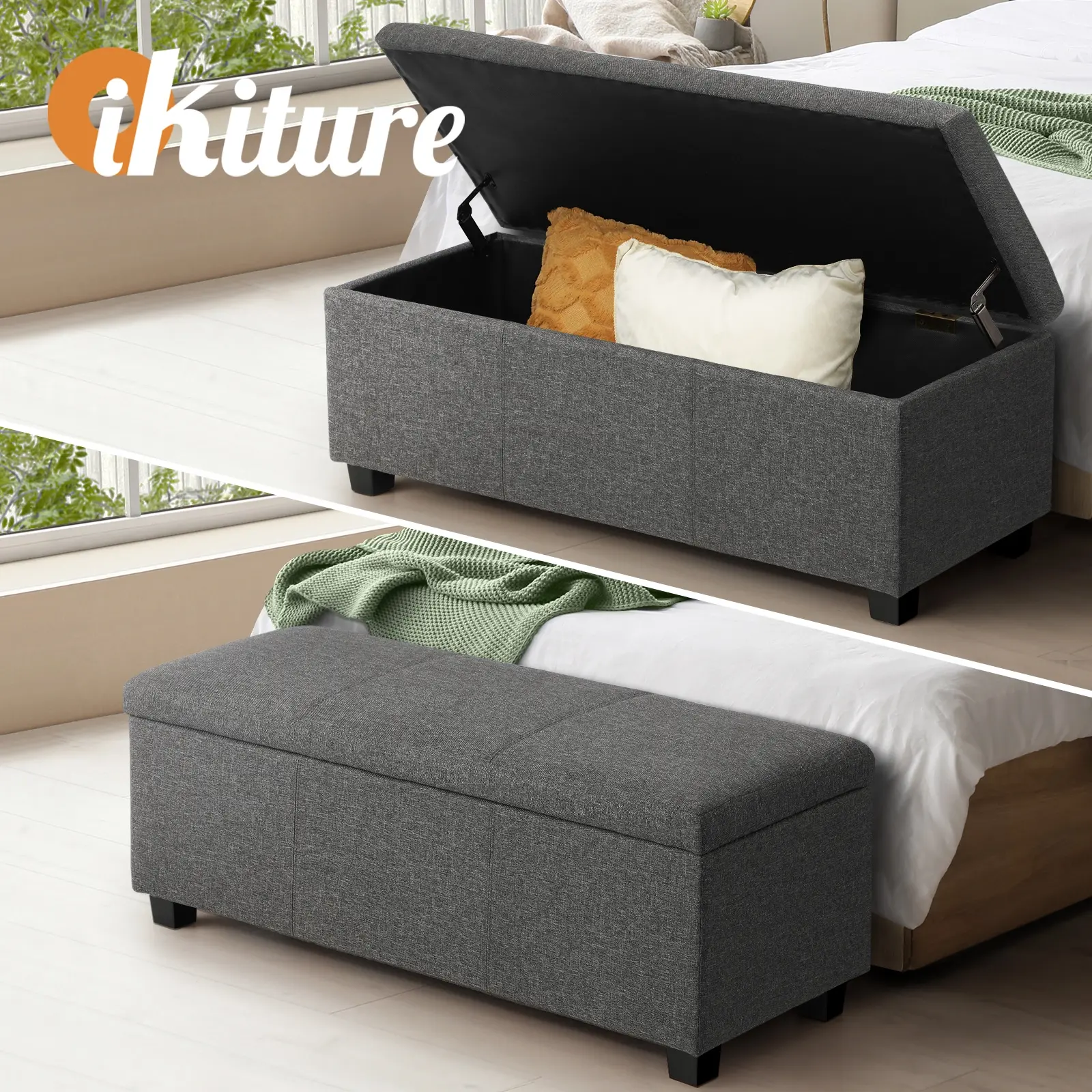 Oikiture Storage Ottoman Blanket Box Linen Fabric Arm Foot Stool Couch Grey Large - Furniture