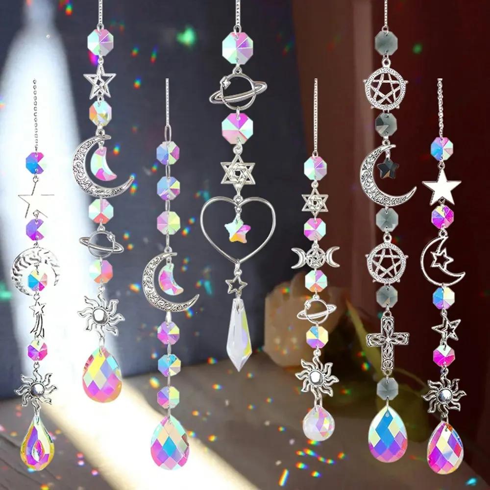 7Pcs Crystals Wind Chime Prism Sun Catchers Decor Garden Hanging Pendant Decor - Home & Garden