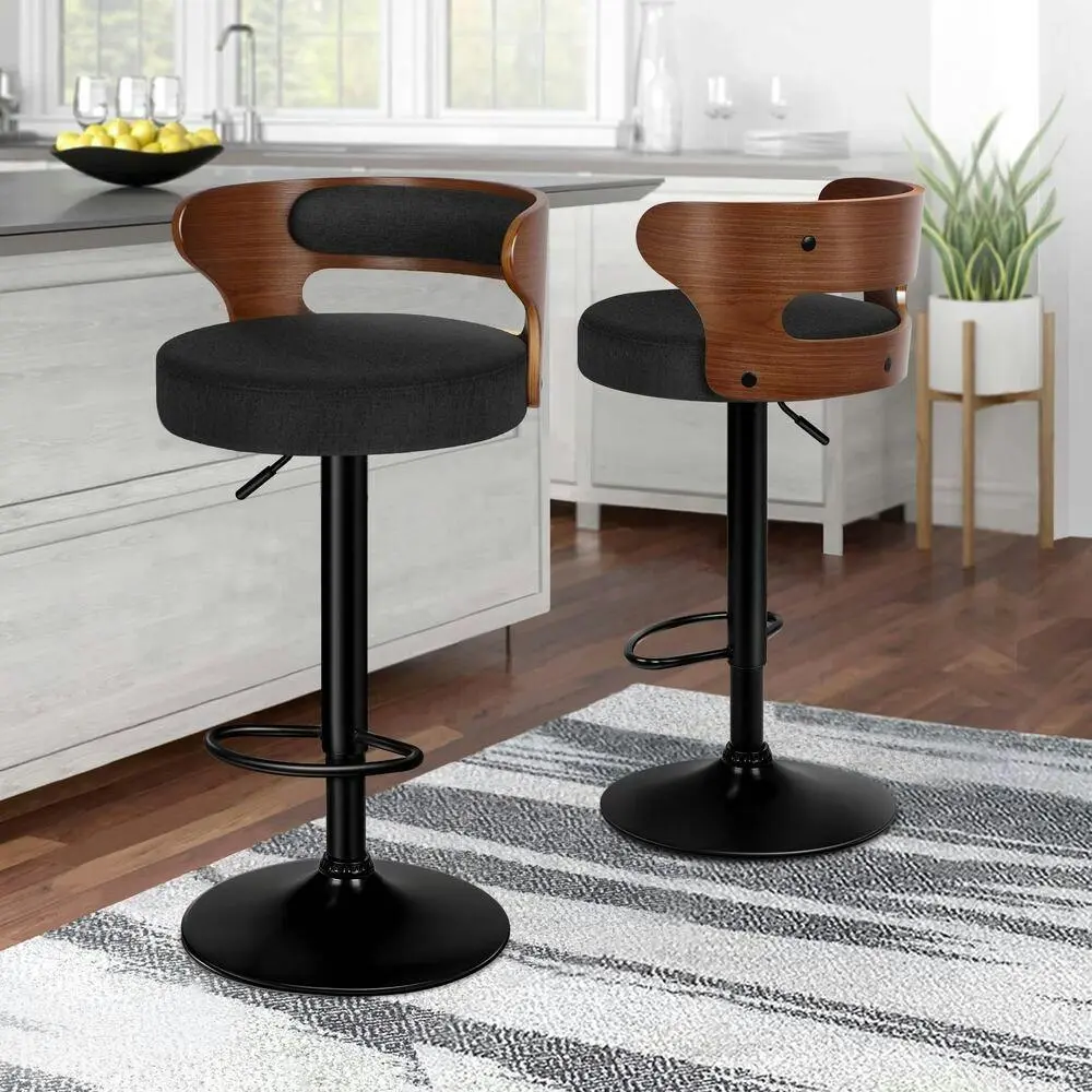 Alfordson 2x Bar Stool Kitchen Swivel Chair Wooden Linen Fabric Ramiro Black - Furniture