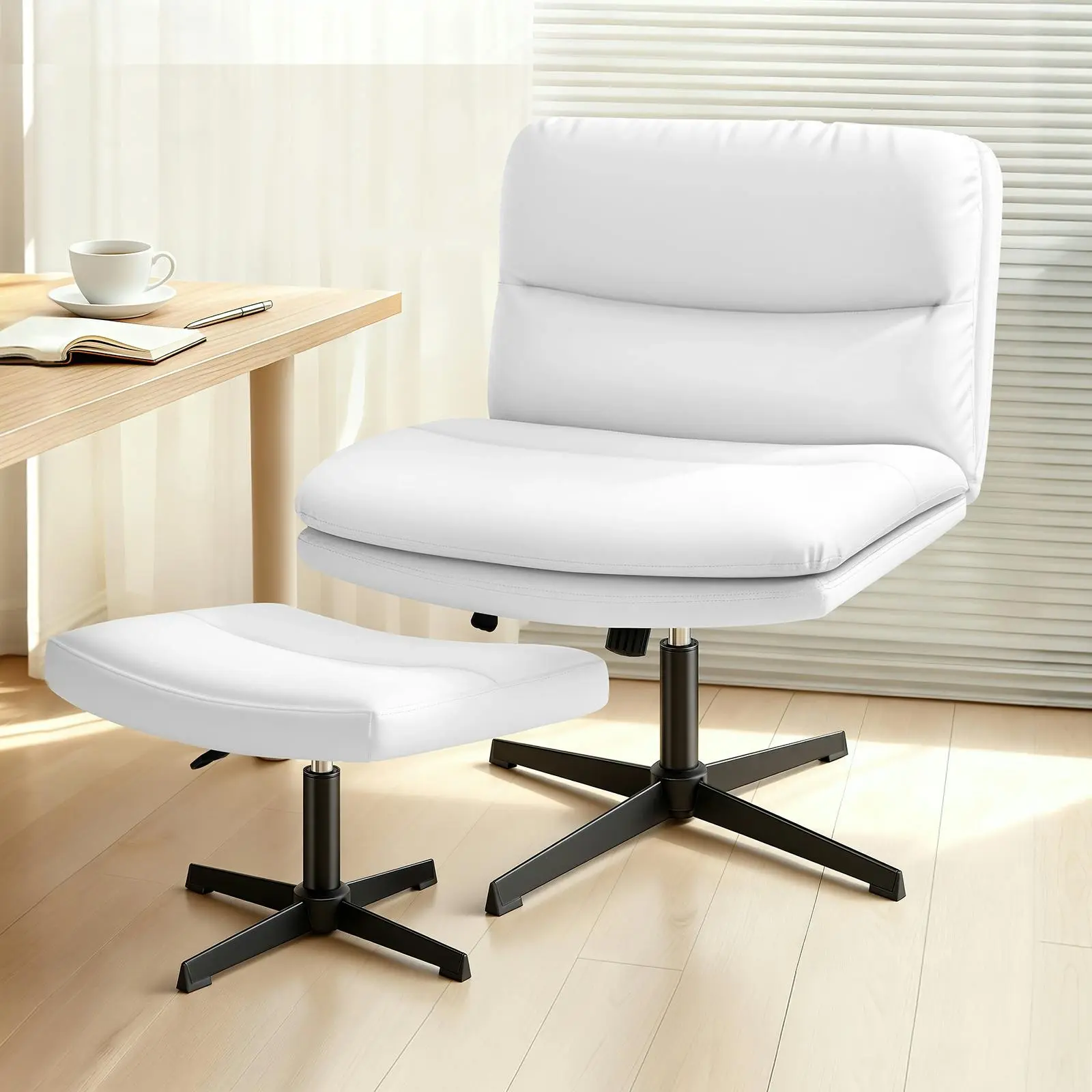 Alfordson Office Chair Computer Cross-legged Seat Work Ottoman PU Leather White