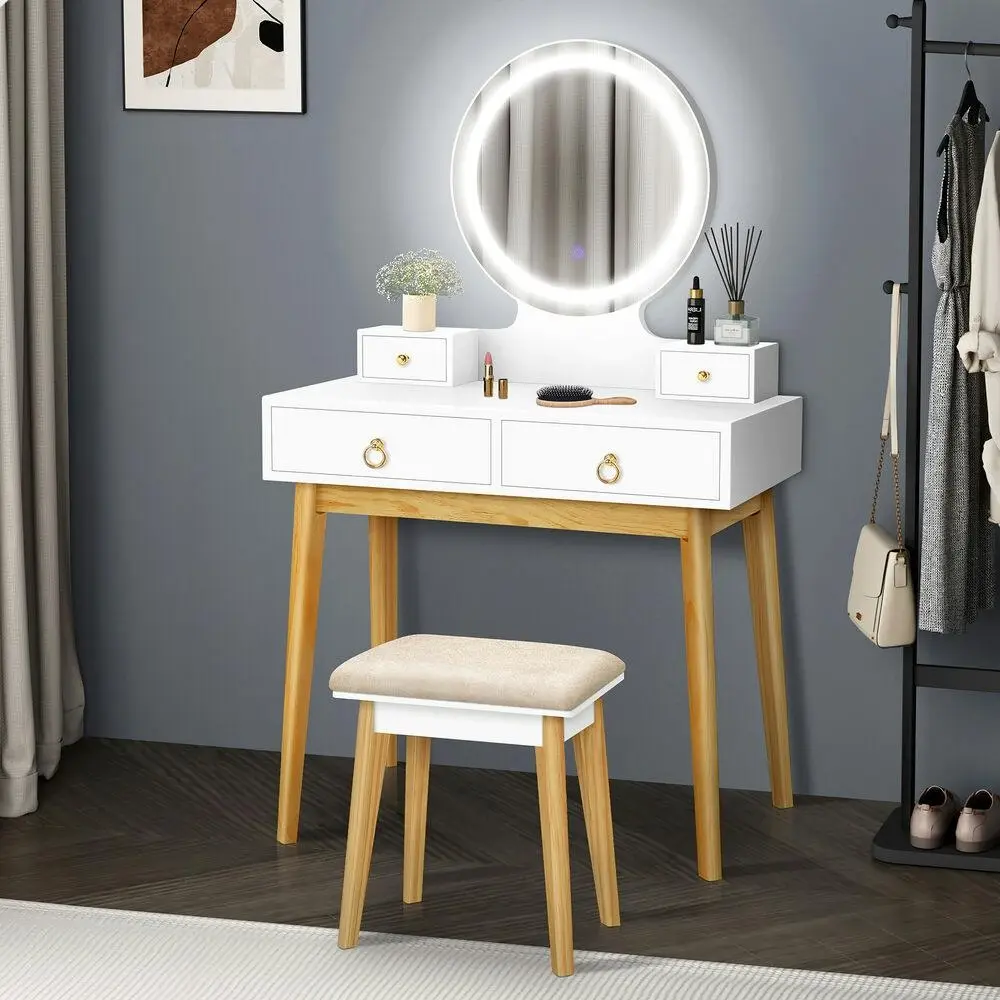Alfordson Dressing Table Stool Set LED Mirror White - Furniture