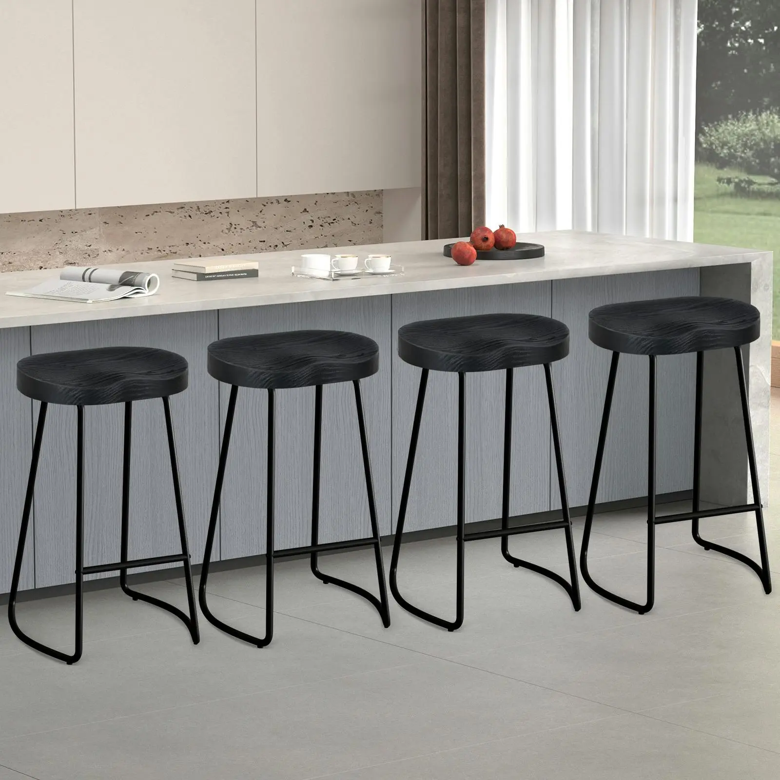 Alfordson 4x Bar Stools 75cm Tractor Kitchen Wooden Vintage Chair Black - Furniture