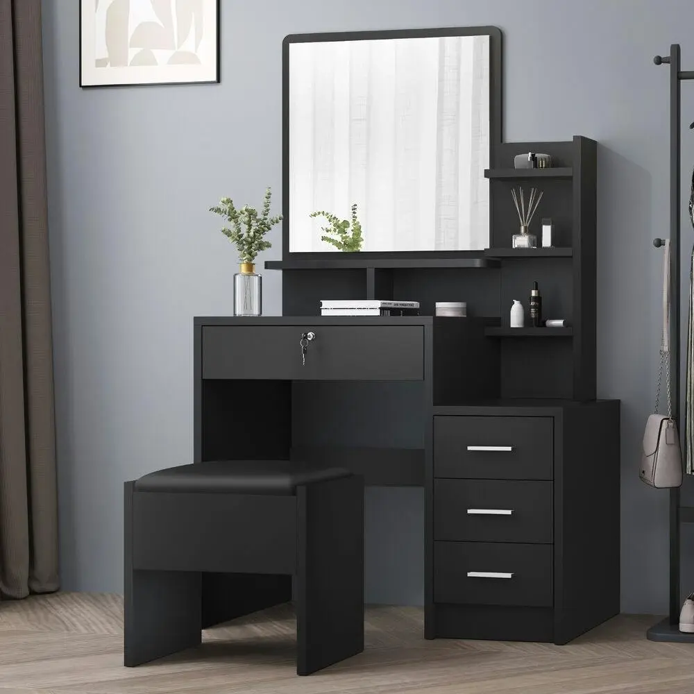 Alfordson Dressing Table Stool Set Drawer Shelf Black - Furniture