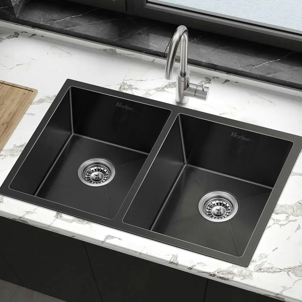 Alfordson Kitchen Sink Stainless Steel Drop in Flush Under Mount 770X450MM Black - Hardware