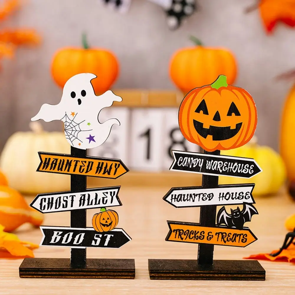 2Pcs Halloween Table Ornament Halloween Pumpkin Ghost Wood Sign Table Top Decor - Home & Garden