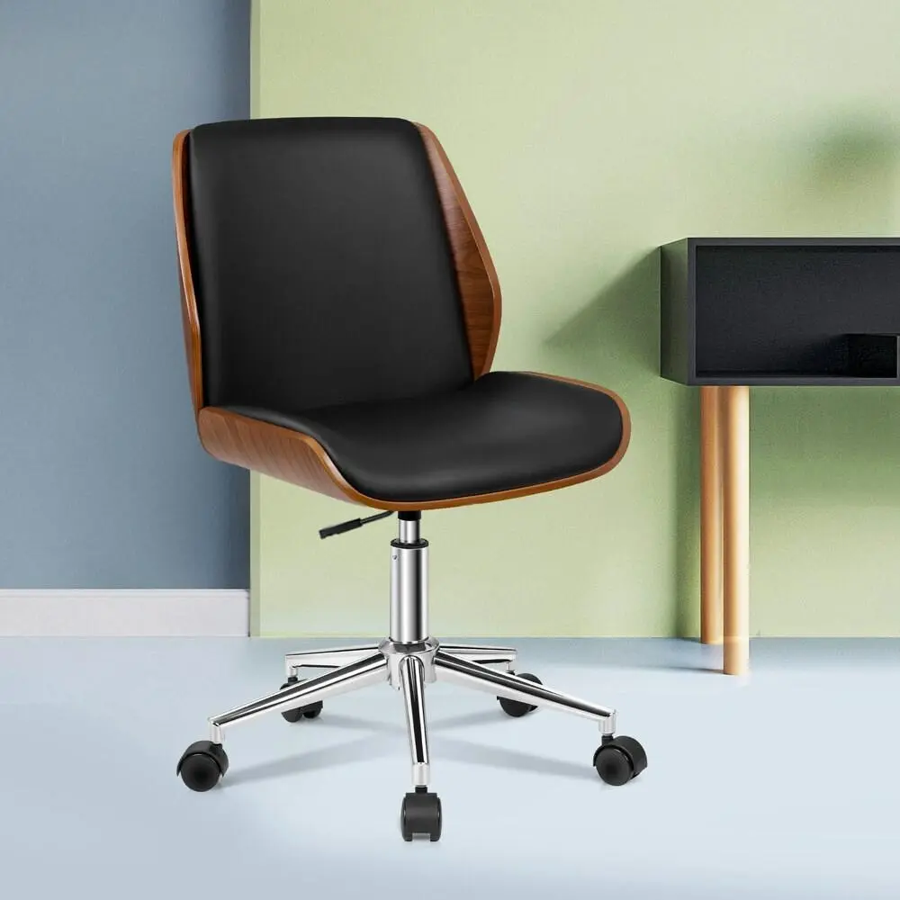 Alfordson Wooden Office Chair Computer Chairs Wood Seat PU Leather Black - Furniture