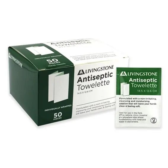Livingstone Antiseptic Antibacterial Towelette Wipes 14.5 x 12.6cm 50 Box - Commercial