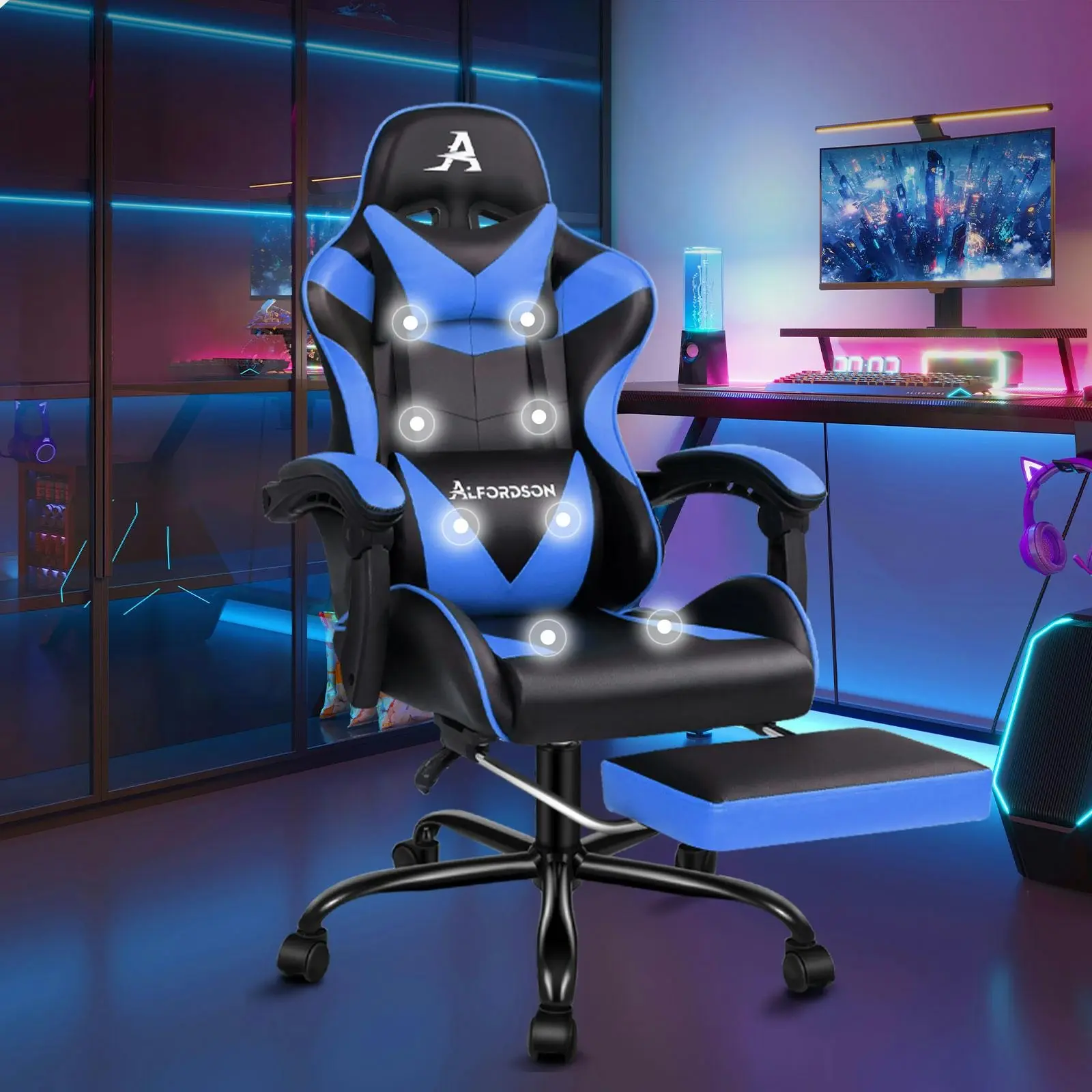 Alfordson Gaming Chair Office Massage Computer Racing Seat PU Leather Blue - Furniture
