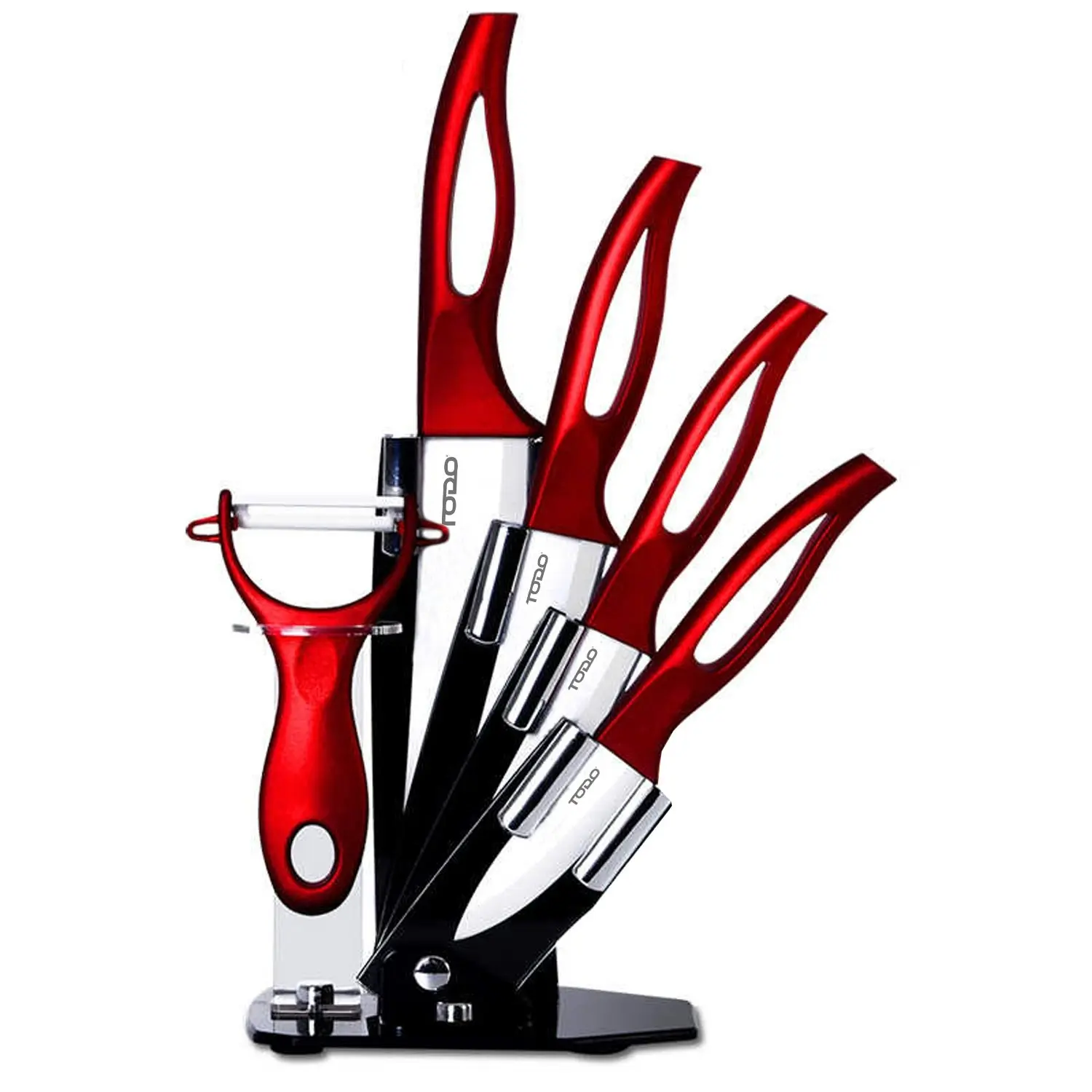 TODO 5 Pc Ceramic Knife + Peeler Set W/ Knive Stand Nano Zirconia Anti Bacterial Red - Home & Garden
