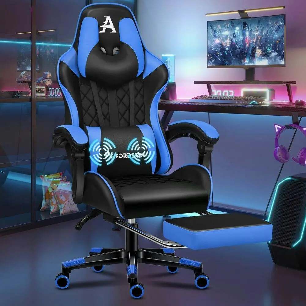 Alfordson Gaming Chair PU Leather with Footrest Black & Blue - Furniture