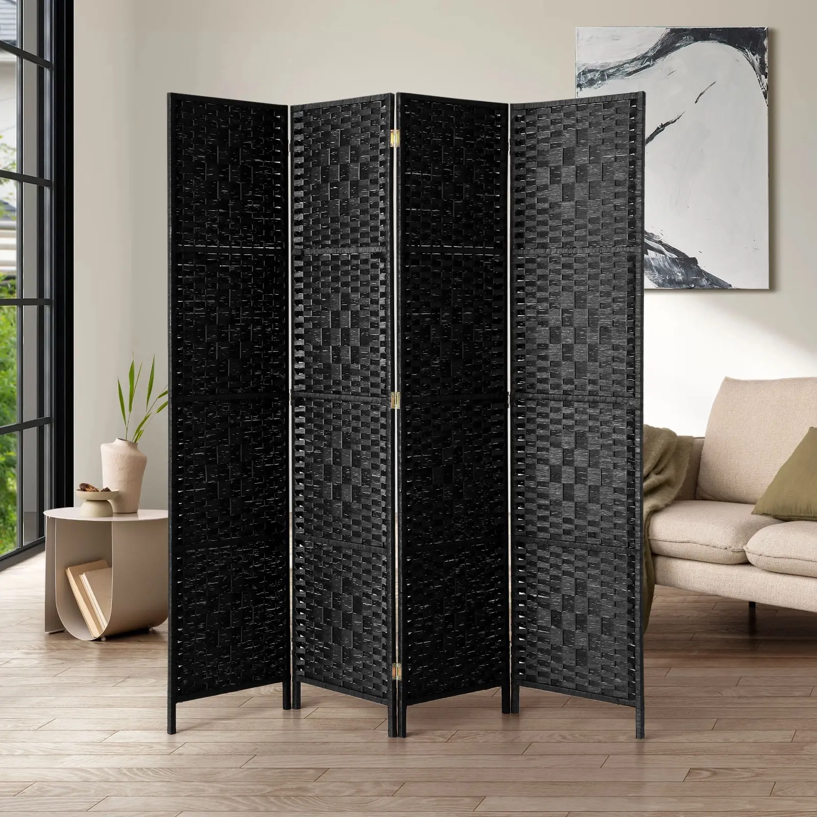 Oikiture 4 Panel Room Divider Screen Privacy Dividers Woven Wood Folding Black - Furniture