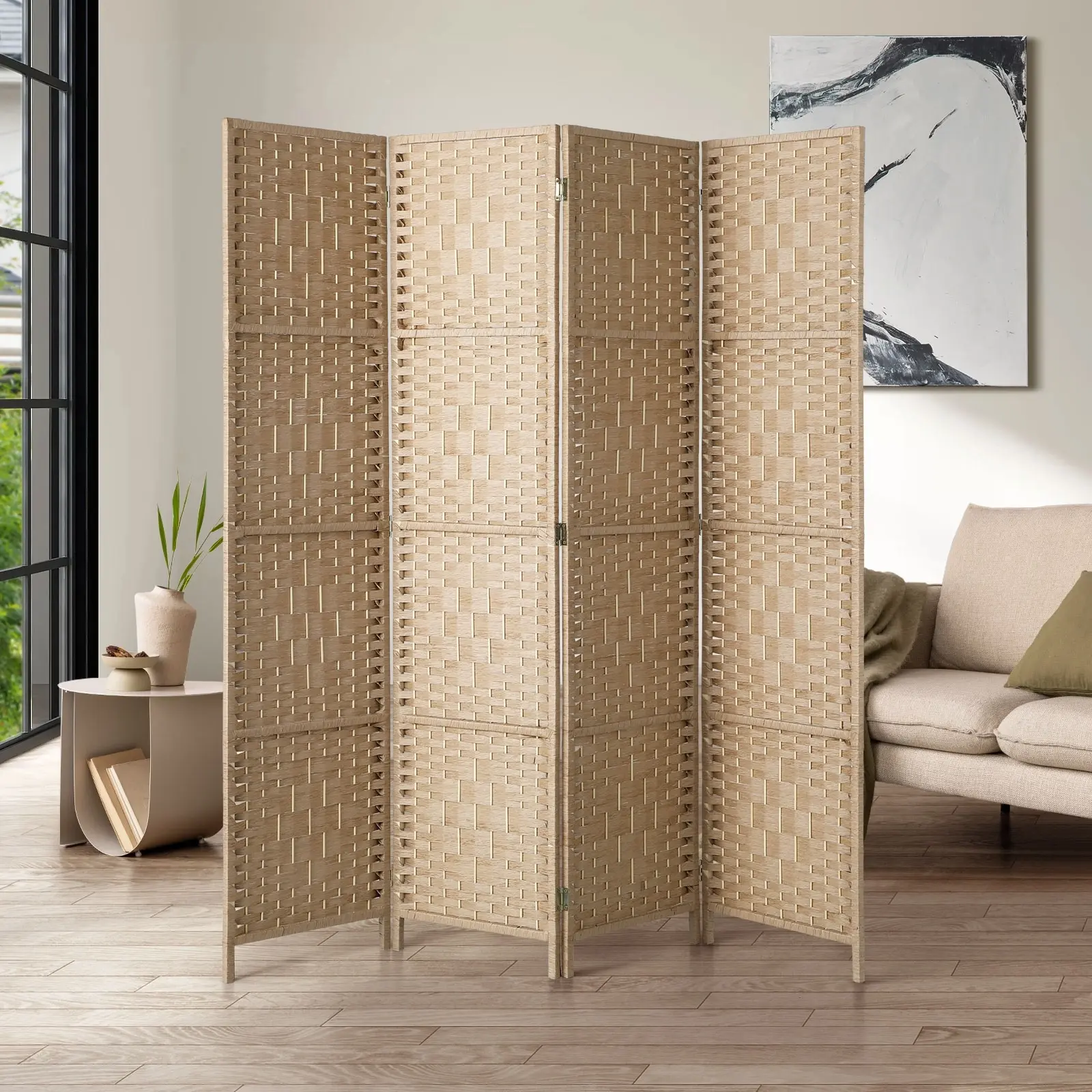 Oikiture 4 Panel Room Divider Privacy Screen Dividers Woven Wood Fold Stand - Furniture