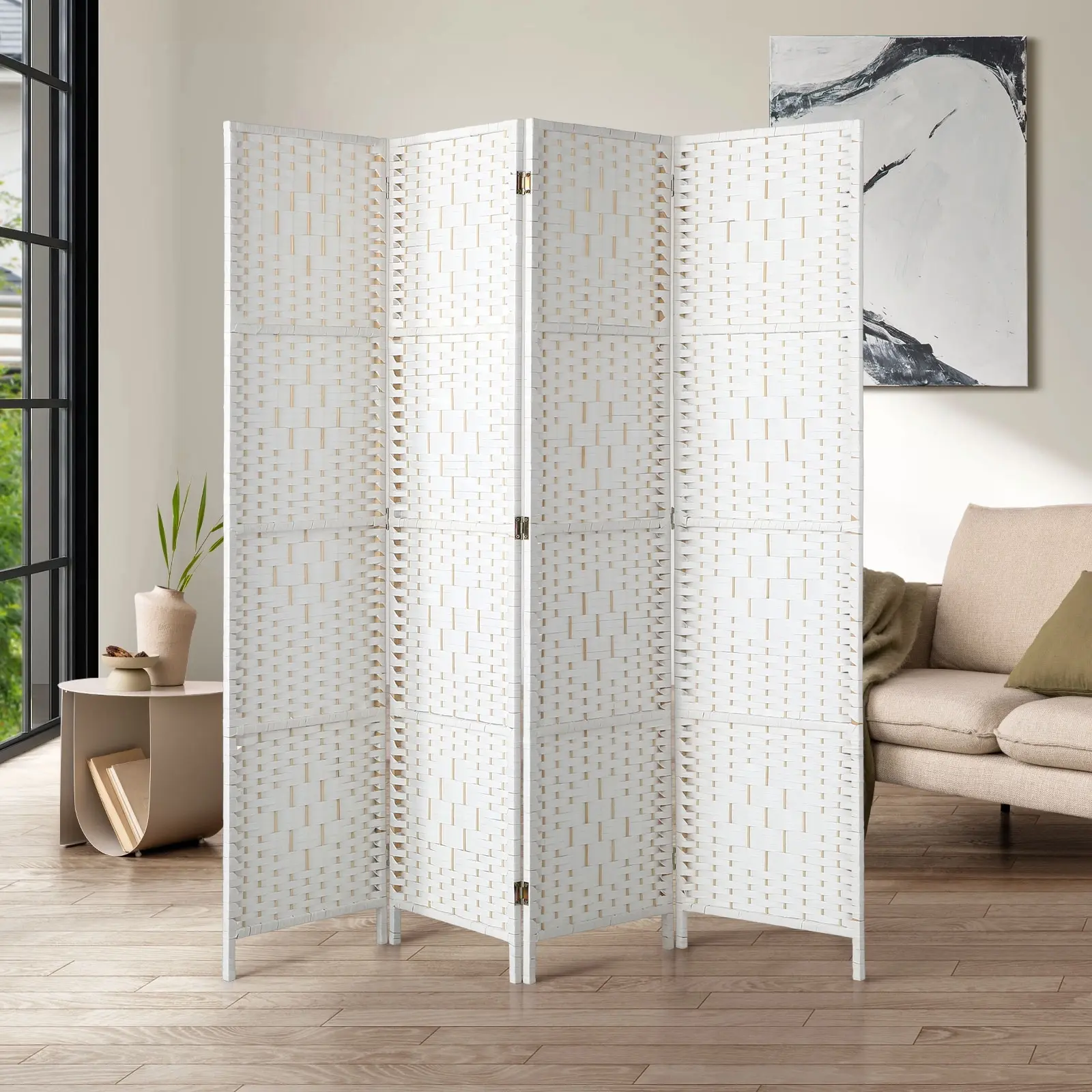 Oikiture 4 Panel Room Divider Screen Privacy Dividers Woven Wood Folding White - Furniture