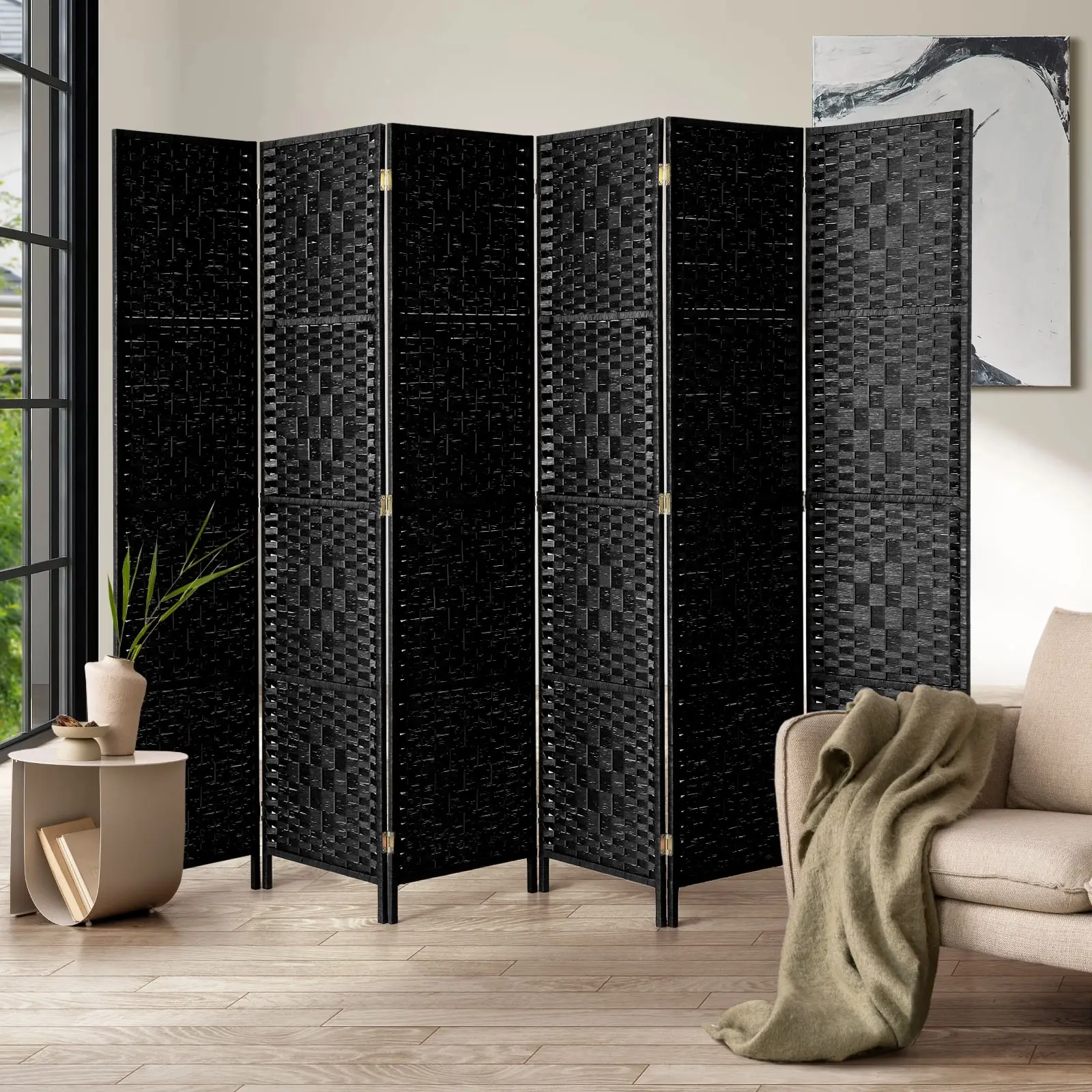 Oikiture 6 Panel Room Divider Screen Privacy Dividers Woven Wood Folding Black - Furniture