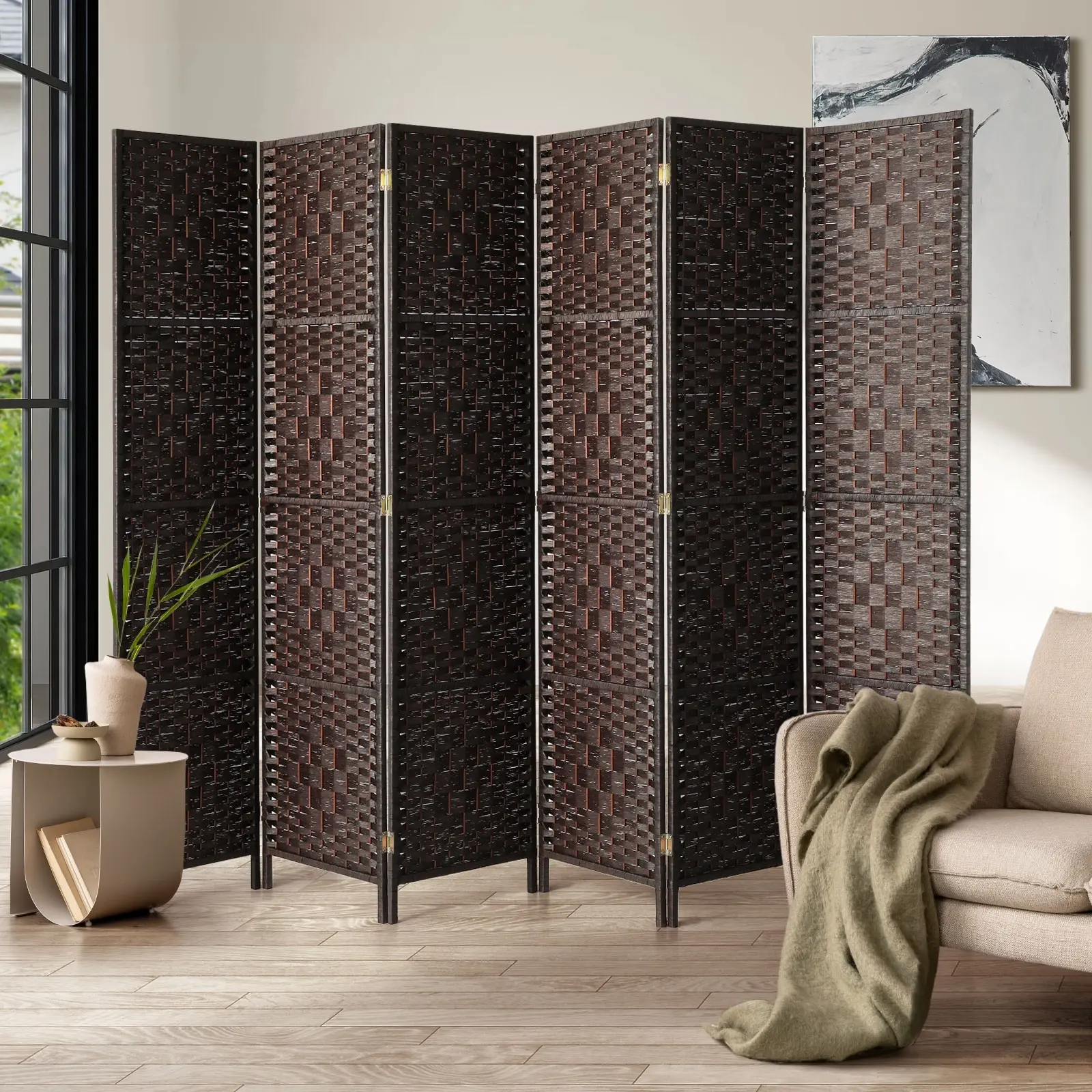 Oikiture 6 Panel Room Divider Screen Privacy Dividers Woven Wood Folding Brown - Furniture