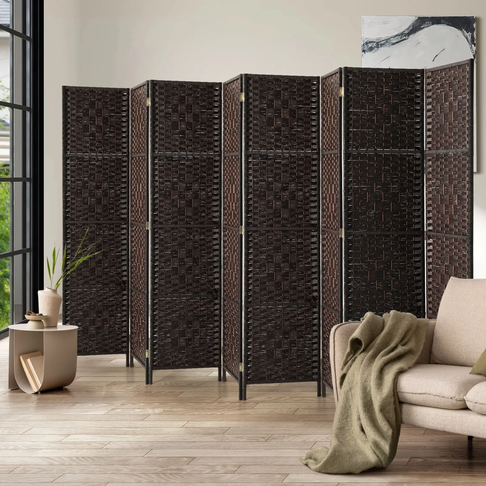 Oikiture 8 Panel Room Divider Screen Privacy Dividers Woven Wood Folding Brown - Furniture
