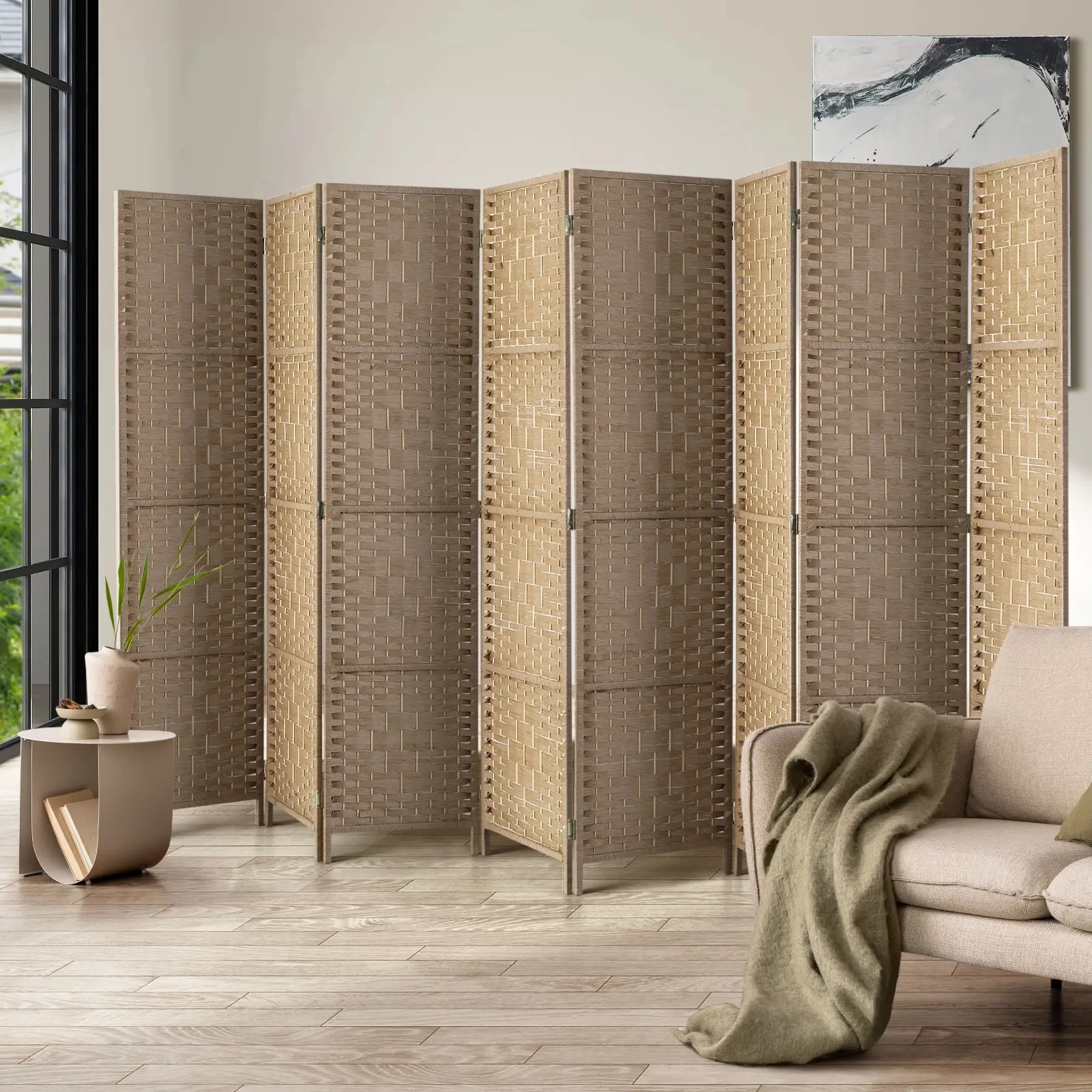 Oikiture 8 Panel Room Divider Privacy Screen Dividers Woven Wood Fold Stand - Furniture