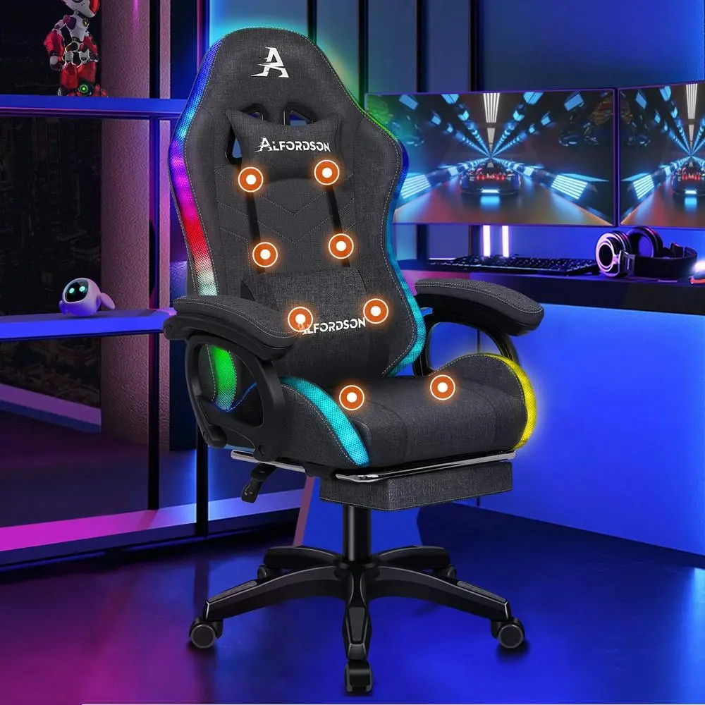 Alfordson LED Gaming Chair Office with 8-Point Massage Fabric Dark Grey