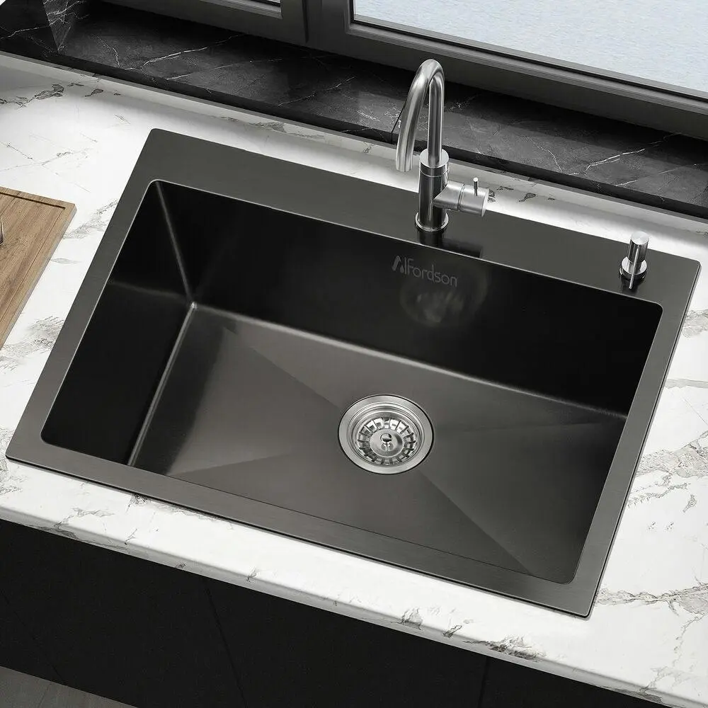 Alfordson Kitchen Sink Stainless Steel Drop in Flush Single Bowl 680X450MM Black - Hardware