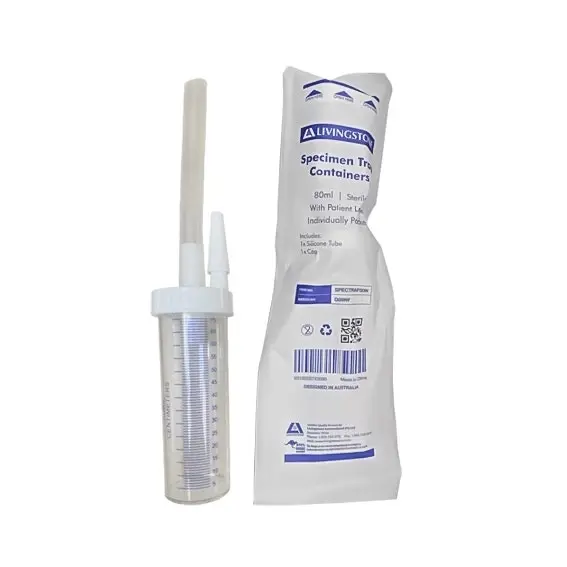 Livingstone Specimen Trap Containers with Silicone Tube, 80ml, Printed 70ml, with Cap and Patient Label, Sterile, 50/BX - Commercial