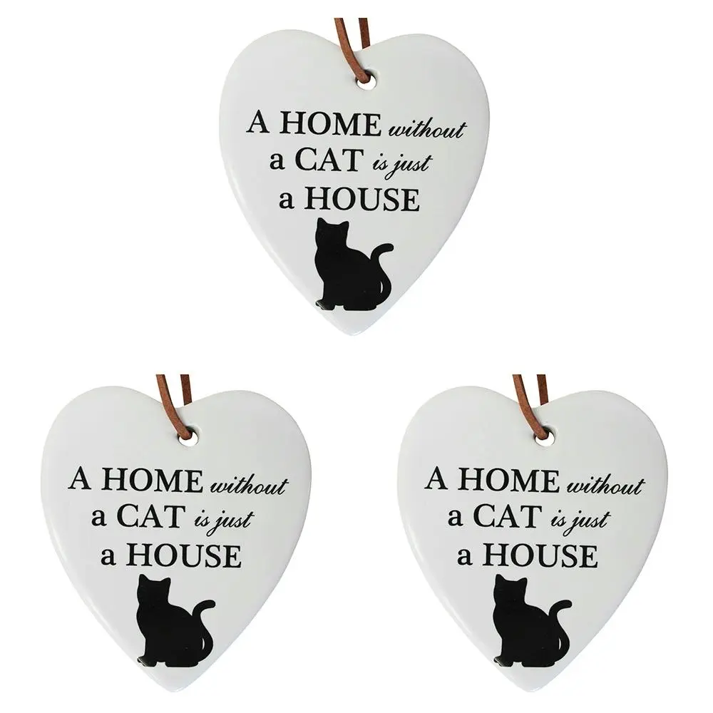 3x Ceramic Hanging 8x9cm Heart Animal Cat Ornament w/ Hanger Home Room Decor - Home & Garden