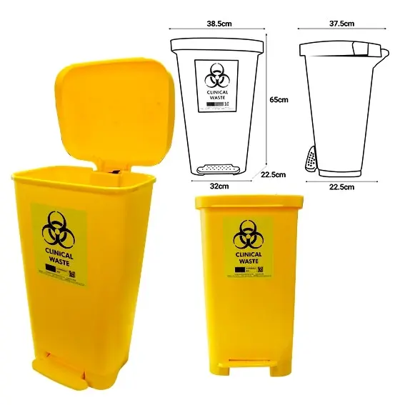 Livingstone Polypropylene Clinical Waste Bin with Foot Pedal 50L Capacity 38.5 x 37 x 65cm Square Yellow - Commercial