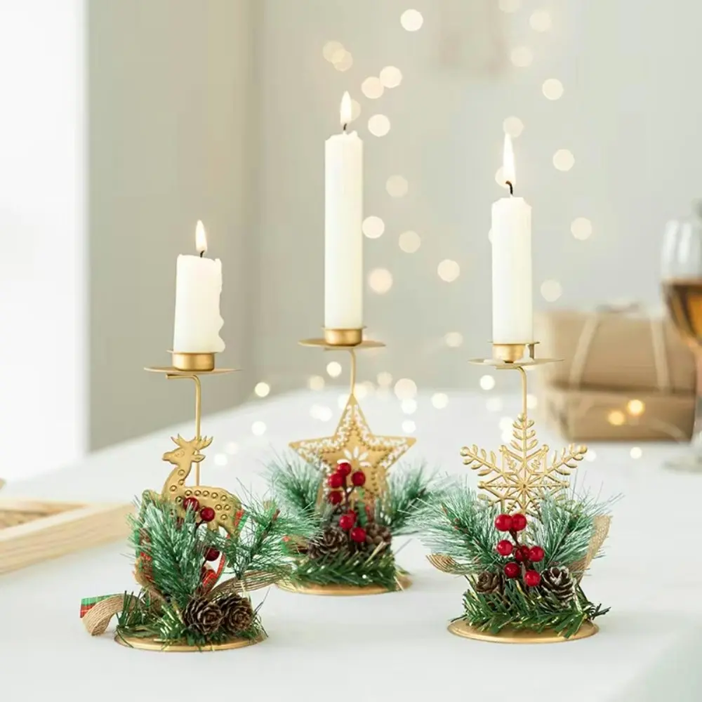 3pcs Golden Iron Candlestick Star Elk Christmas Tree Snowflake Art Candle Holder - Home & Garden