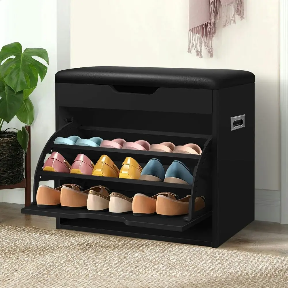 Alfordson Shoe Cabinet Bench 12 Pairs Black - Furniture