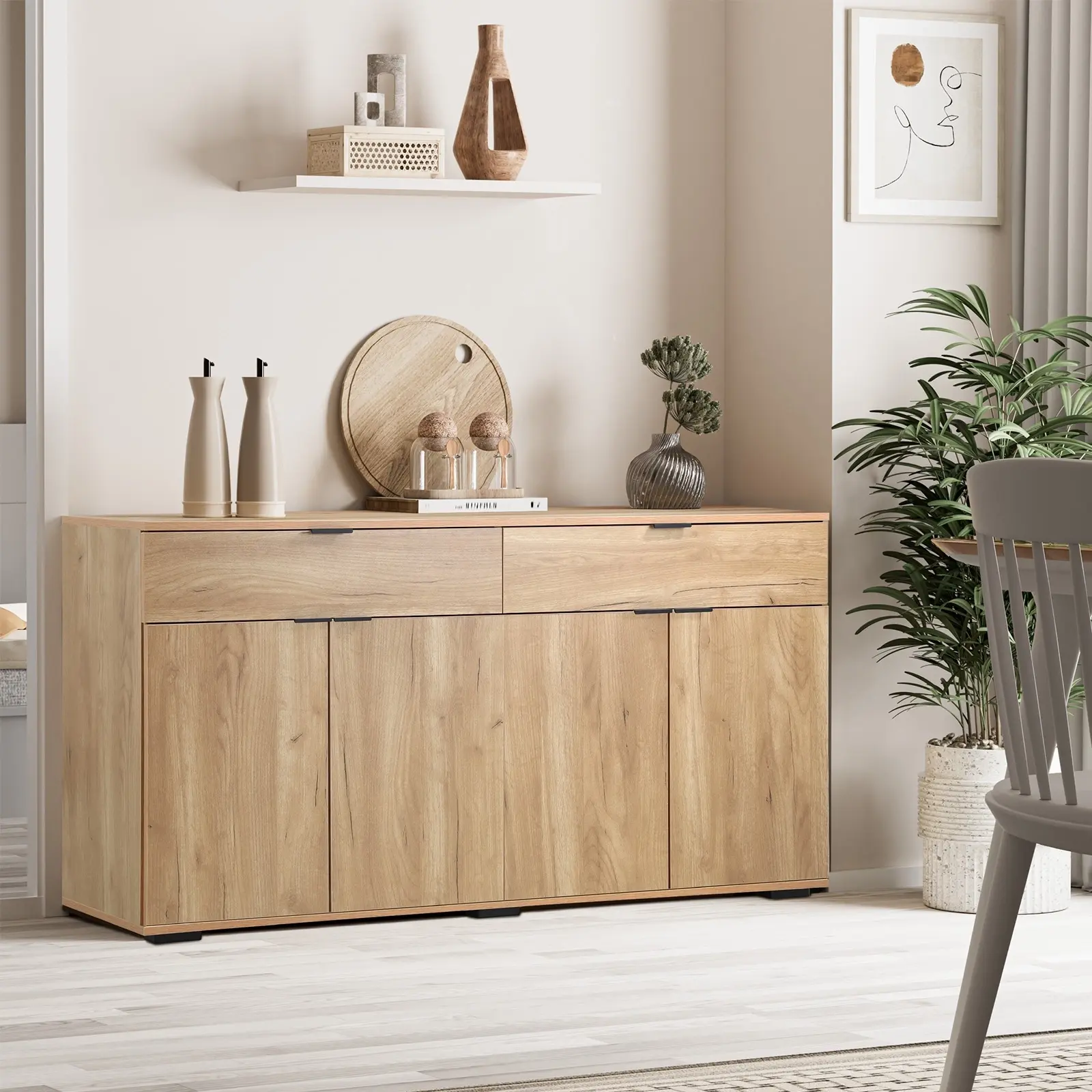 Oikiture Sideboard Buffet Storage Cabinet Cupboard 4 Doors 2 Drawers Natural - Over 40% off Living Room Furniture
