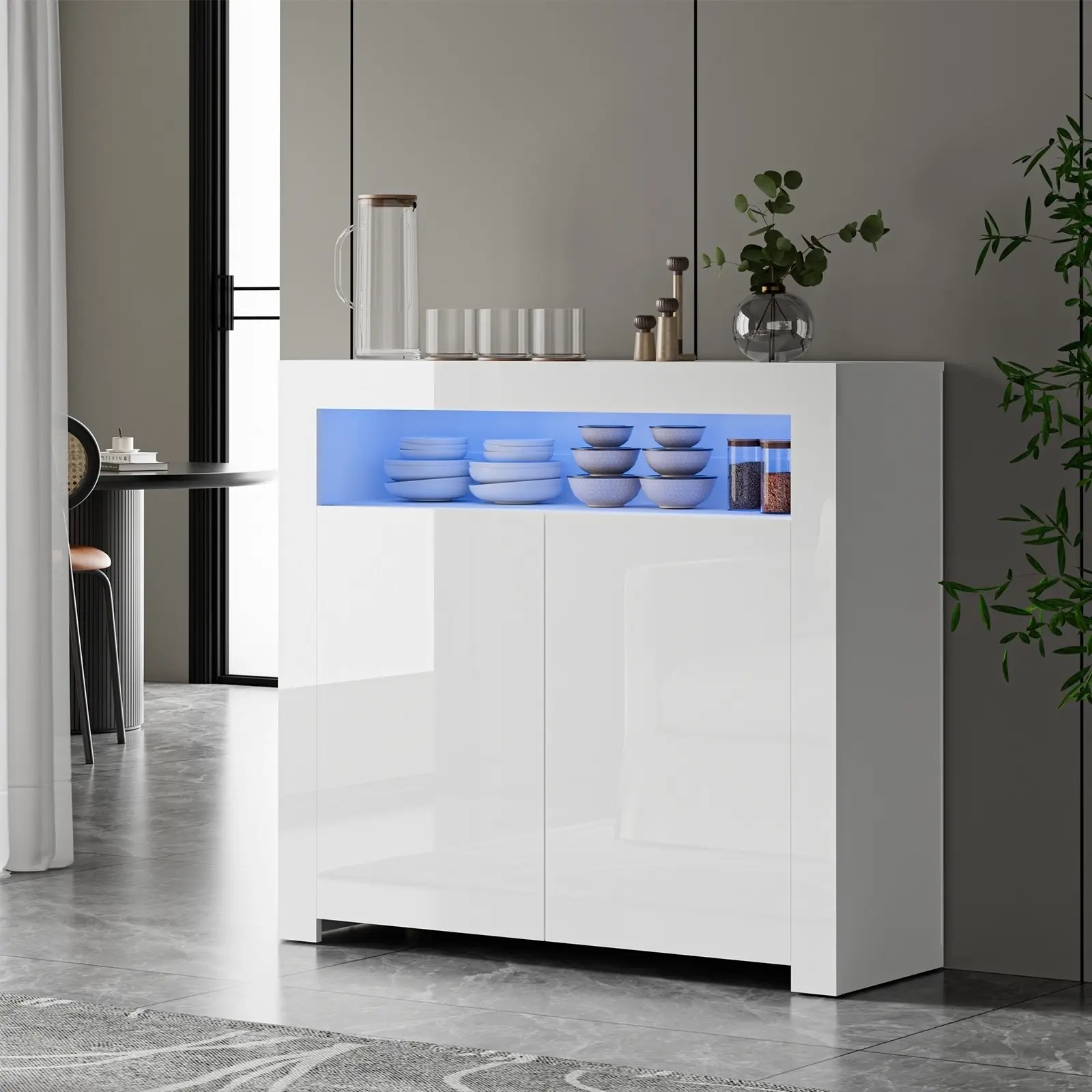 Oikiture Buffet Sideboard Storage Cabinet LED RGB High Gloss 2 Doors White - Over 40% off Living Room Furniture