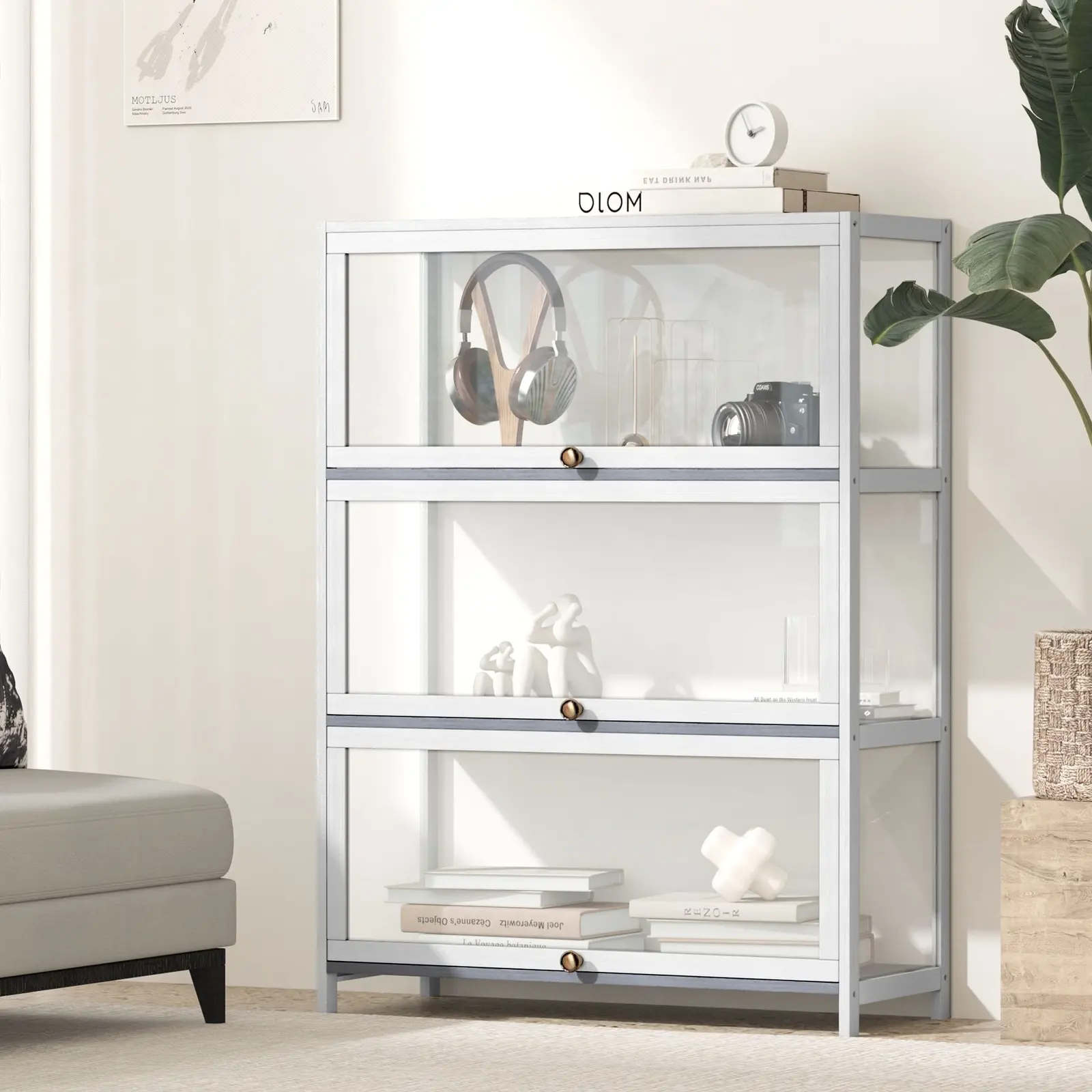 Oikiture Display Cabinet With Bamboo Frame Acrylic Board 3 shelves White - Furniture